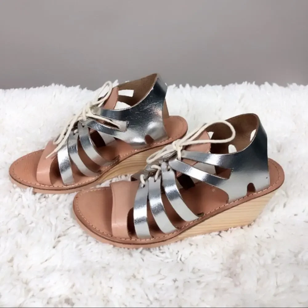 A603 • Silver Leather Wooden Wedge Sandals